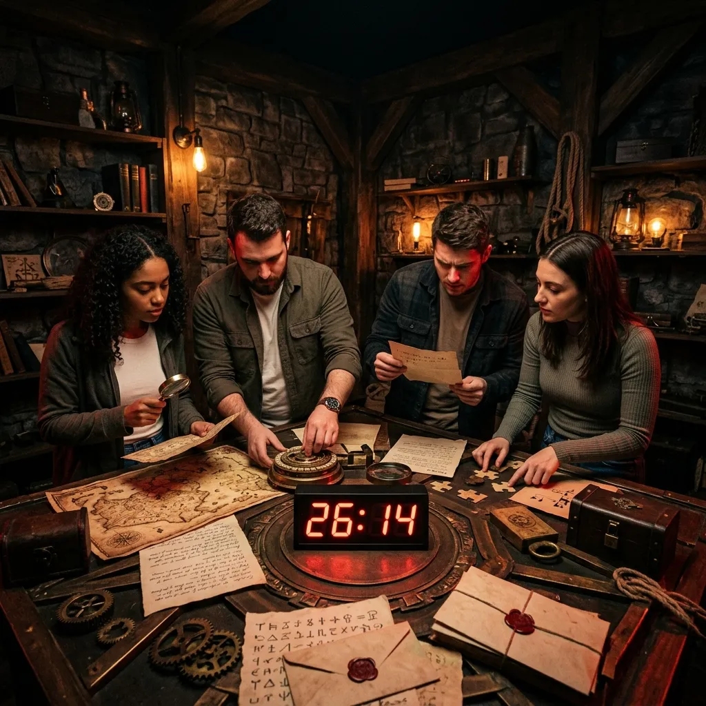 Players solving escape room puzzles